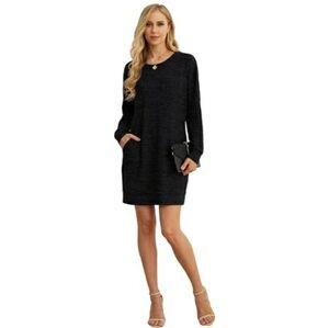 Long Sleeves Causal Loose Round-Neck Tuinc Dress Black New